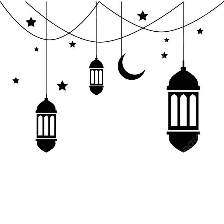 arabic lantern and stars hanging from the ceiling with string on it, black and white