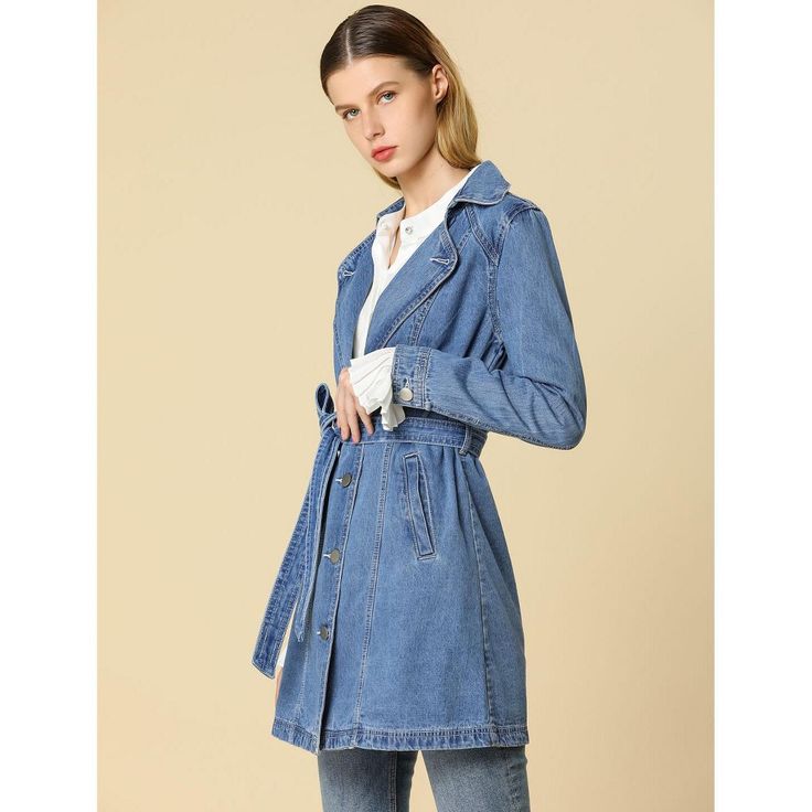 Add some elegance to your ensemble courtesy of this jacket that boasts a denim design and a long, flowing fit. It's cut with structured denim that has front pockets, a notched collar, and a belt at the waist. A wardrobe staple to see you through the season, it is an effortless look for any ensemble. Wear them on those tricky in-between-season days and pair them with straight-leg jeans and ankle boots. Long Denim Jacket, Winter Set, Long Jeans, Women's Jackets, Denim Design, Wardrobe Staples, Straight Leg Jeans, Denim Jeans, Casual Dress