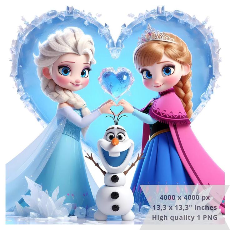 two frozen princesses holding hands in front of a heart