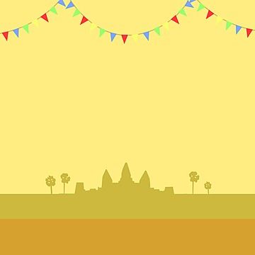 an elephant is standing in the middle of a field with trees and bunting flags