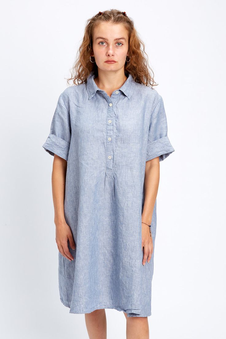 Material: 100% Linen. Description: Vilma is relaxed soft linen dress and the linen is pre-washed for softness. Easy silhouette is suitable for most body types. Short sleeves and side pockets. ONE SIZE Color: Light Denim Blue Measurements: Bust: 47" Length: 35.8". Piironki Helsinki is Finnish lifestyle company established 1978. Their focus is relaxed, beautiful and cozy living. Casual Blue Linen Dress, Casual Linen Dress With Pockets And Relaxed Fit, Casual Blue Linen Dress For Daywear, Casual Blue Linen Dress For Day Wear, Casual Flax Color Relaxed Fit Dress, Casual Flax Short Sleeve Dress, Casual Linen Spring Dress, Spring Casual Linen Dress, Spring Linen Dress With Pockets And Relaxed Fit