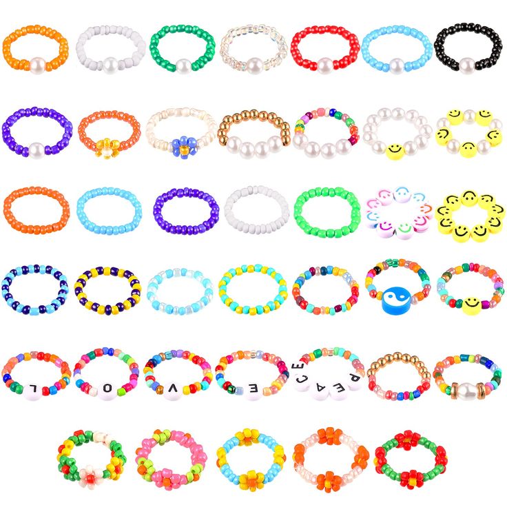 PRICES MAY VARY. What you get: you will receive 40 pieces of rainbow colorful beads rings in one package, enough quantity can meet your needs for different occasions; You can choose to match your daily different types of clothes and bags according to your preference, so that you look good every day Reliable and durable material: our cute handmade smile beaded rings are mainly made of glass, which are lightweight and durable, not easy to fade, can be applied for a long time, increasing your comfo Rings Colorful, Beads Rings, Rings Cute, Bead Rings, Rice Bead, How To Make Rings, Flower Beads, Colorful Jewelry, Rings For Girls