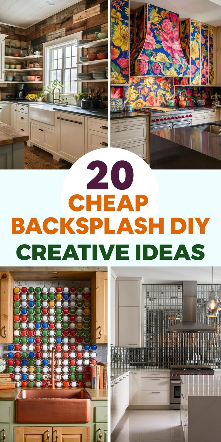 several different kitchen cabinets with the words 20 cheap backsplash diy creative ideas