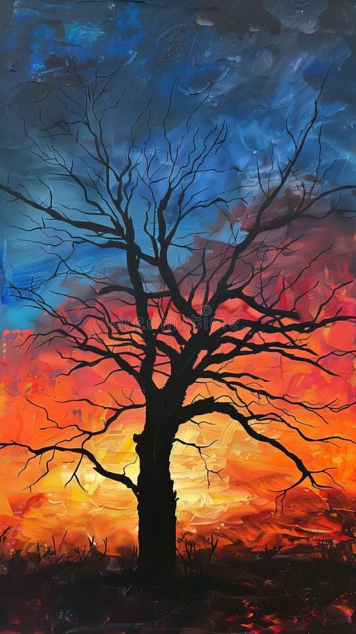 Silhouette of bare tree against colorful sunset painting stock images Tree Silhouette Painting, Evening Painting, Colorful Sunset, Silhouette Painting, Bare Tree, Gourd Art, Tree Silhouette, Sunset Painting, Vector Png