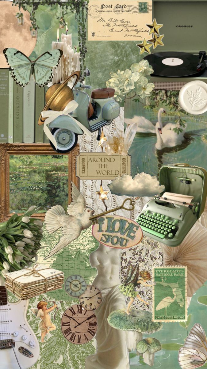 a collage of many different items including a typewriter and other things in the background