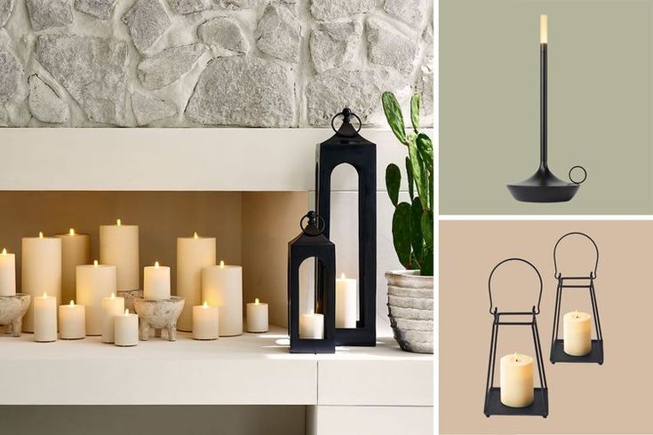 several different types of candles are displayed on a shelf and in front of a stone wall