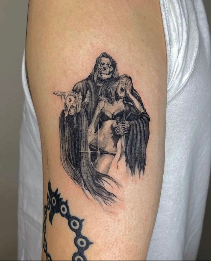 a woman with a skeleton tattoo on her arm