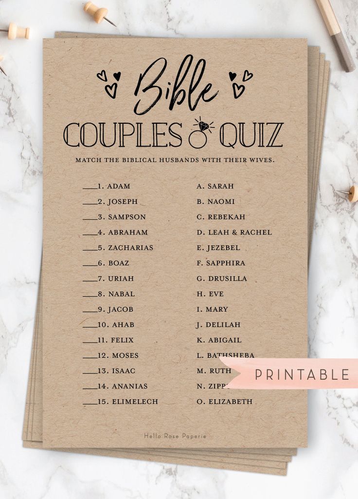 the printable bible couples quiz game is on top of a table with pencils