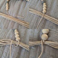 two pieces of string and wood beads on a bed