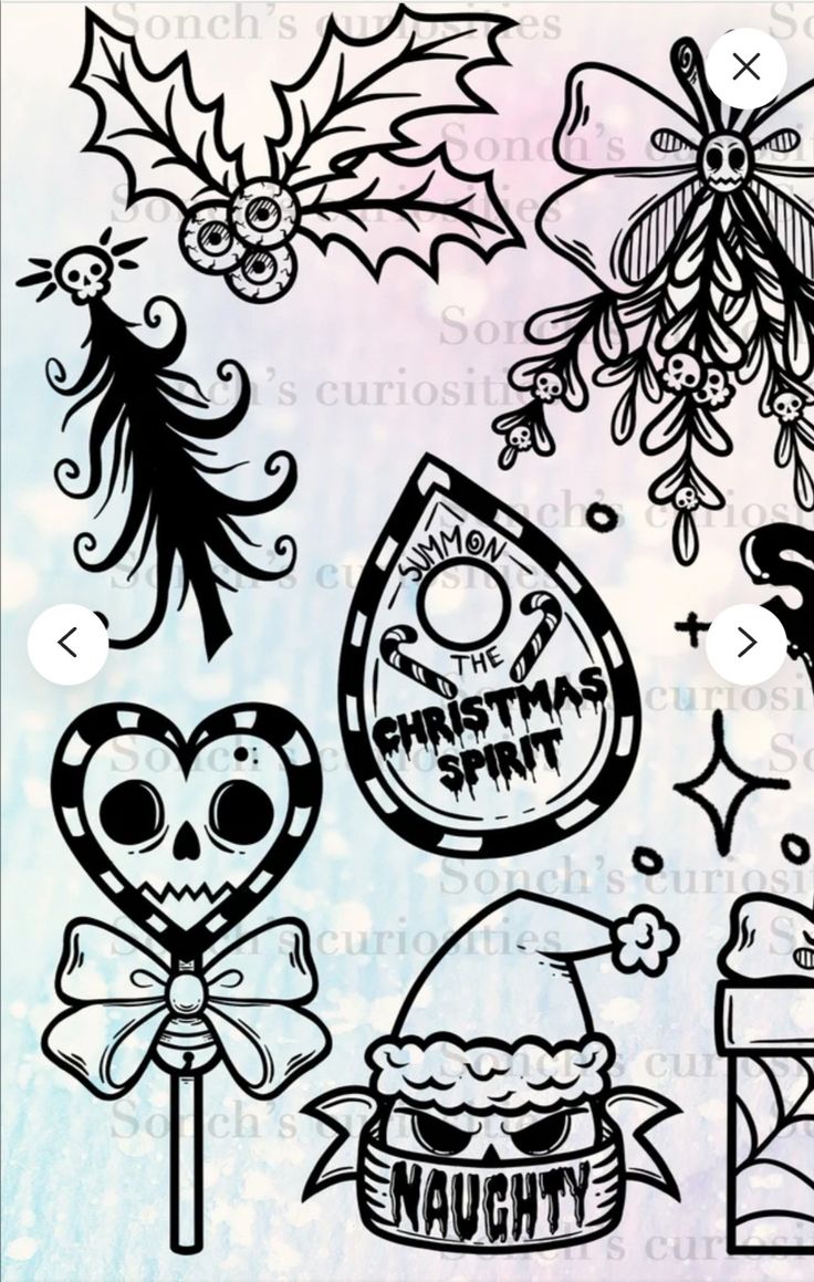 some christmas decorations are shown in black and white on a watercolor paper background with the words happy holidays written below them