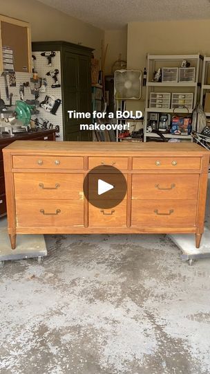 an old dresser in a garage with the words time for a bold makeover