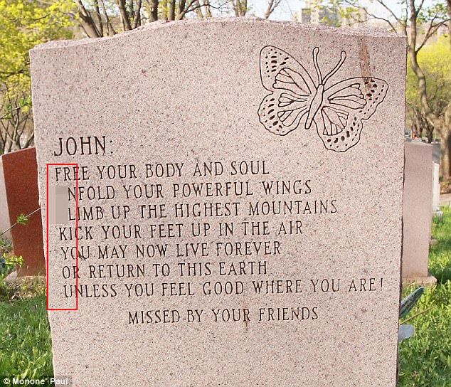 a memorial stone with a poem written on it and a butterfly painted on the side