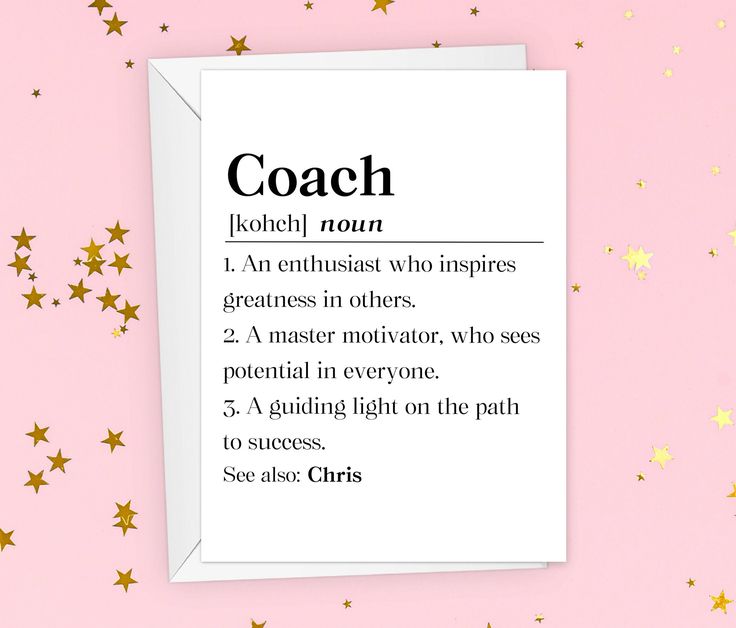 a pink background with gold stars and a white card that says coach, an enthusiast who inspires greatness in others