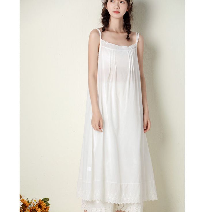 Details: Item Type: Dress Main Material: Cotton Season: Summer Style: Leisure, Daily Pattern Type: Solid Waist Type: Loose Fit Type: Loose fit/ Pullover Size: One Size Length: 120.00 cm/ 47.24 " Bust: 104.00 cm/ 40.94 " Sleeveless Lace Trim Nightgown For Summer, Summer Sleeveless Nightgown With Lace Trim, Sleeveless Summer Nightgown With Lace Trim, Sleeveless Lace Trim Sleepwear For Summer, Elegant Sleeveless Summer Sleepwear, Sleeveless Lace Trim Nightgown For Vacation, Fitted Sleeveless Sleepwear, Elegant Sleeveless Summer Nightgown, Elegant Sleeveless Spring Nightgown