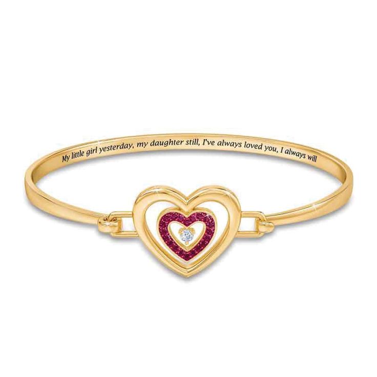 As rich in meaning as it is beautiful, the bracelet features two hearts united in a delicate clasp design. The larger "parent" heart and bangle are lavishly plated with 18kt gold.  The smaller "daughter" heart is set with 20 Swarovski® crystals in the color of her birthstone, and flashes with a sparkling diamond. The inside of the bracelet is lovingly engraved, "My little girl yesterday, my daughter still, I've always loved you, I always will." Elegant Gold Heart-shaped Bangle, Valentine's Day Anniversary Bangle Bracelet, Valentine's Day Anniversary Bangle Bracelets, Mother's Day Promise Heart Bracelet, Heart-shaped Promise Bracelet For Mother's Day, Heart Shaped Promise Bracelet For Mother's Day, Heart-shaped Bracelet For Mother's Day, Elegant Open Heart Bracelets For Mother's Day, Mother's Day Promise Heart Charm Bracelet