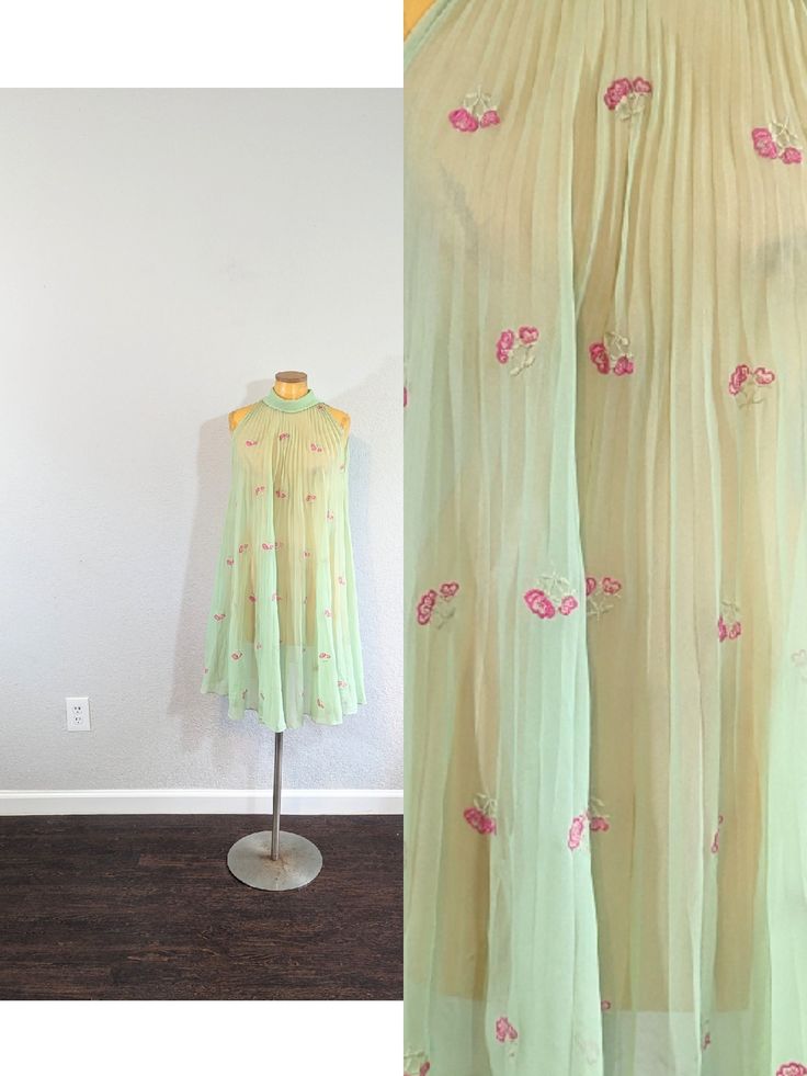 Super cute and flirty 1960's sheer mint green silk chiffon pleated tent dress by "Golden Rose" of Switzerland for Harrod's with embroidered flowers.  FEATURES: * Label: Golden Rose of Switzerland for Harrod's * Circa: 1960's * Materials: Unmarked. Feels like silk chiffon * Color: Mint Green * Pattern: Floral * Length: Knee * Waist: Loose * Sleeves: Sleeveless * Neckline: Reverse Collared (collar tips end at back of neck instead of front) * Closure: Pullover, with button at back of neck. Keyhole Vintage Green Dress With Floral Embroidery, Retro Sheer Dresses For Spring, Vintage Light Green Dress For Spring, Retro Sheer Summer Dress, Collar Tips, Loose Sleeves, Tent Dress, Dark Mark, Golden Rose