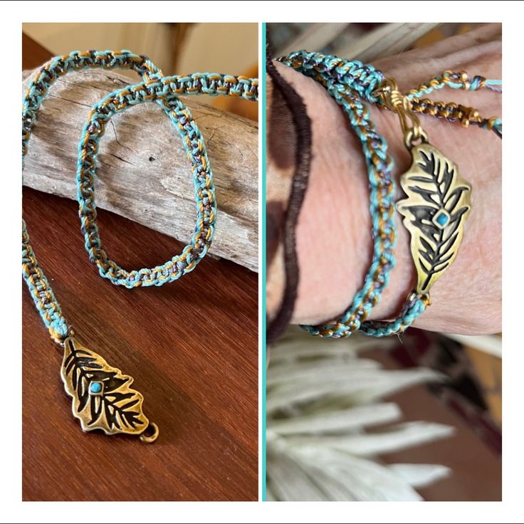 two pictures side by side one shows a bracelet and the other shows a feather charm