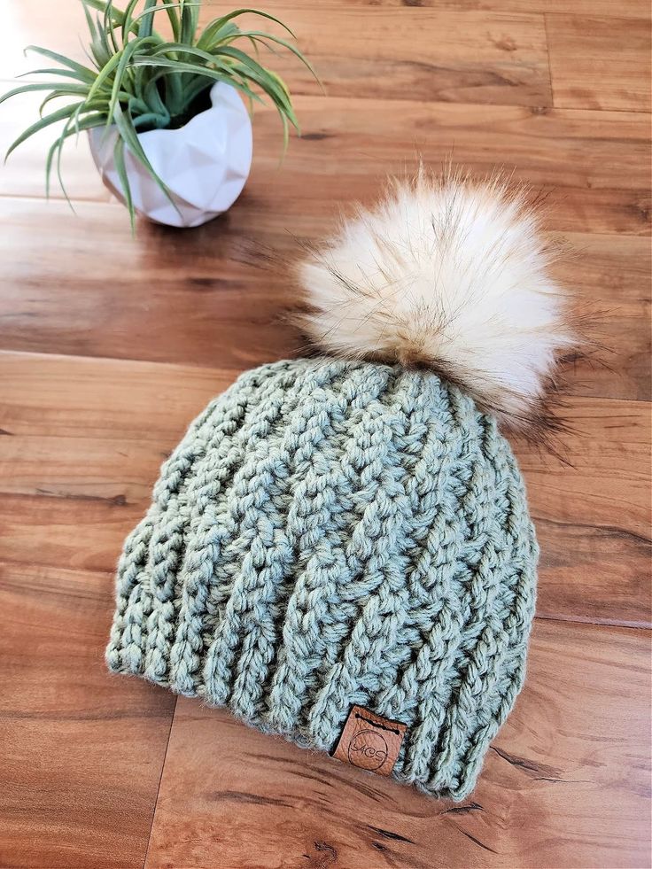 a knitted hat with a white pom - pom on the top and a potted plant in the background