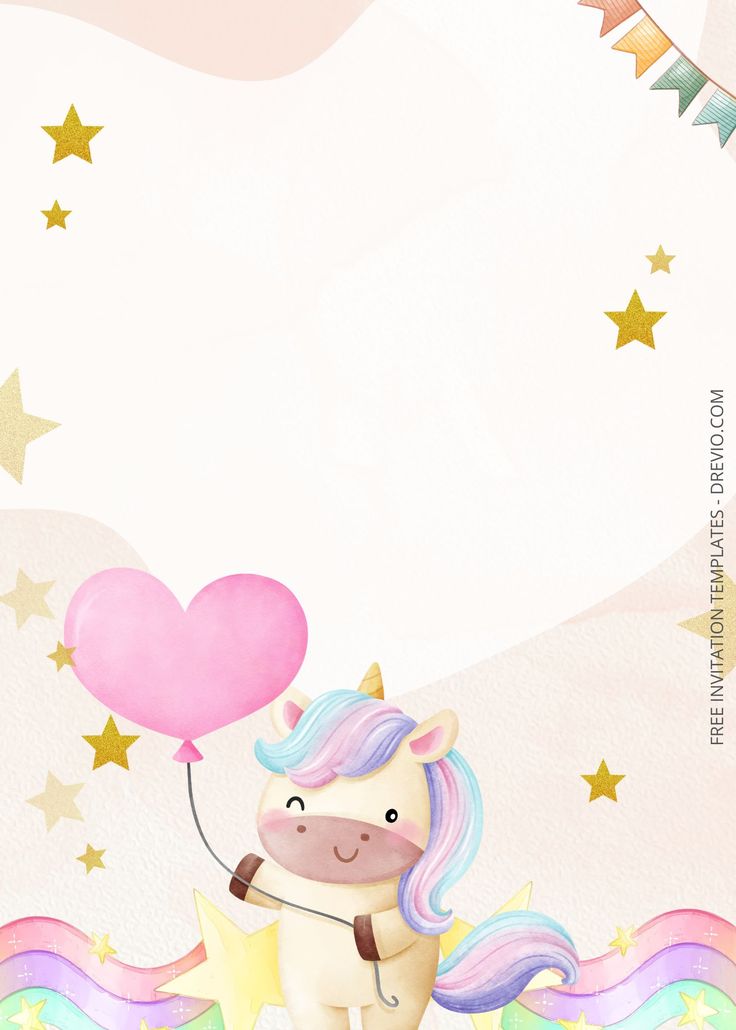 a cartoon unicorn holding a pink balloon with stars on the side and a heart shaped balloon above it