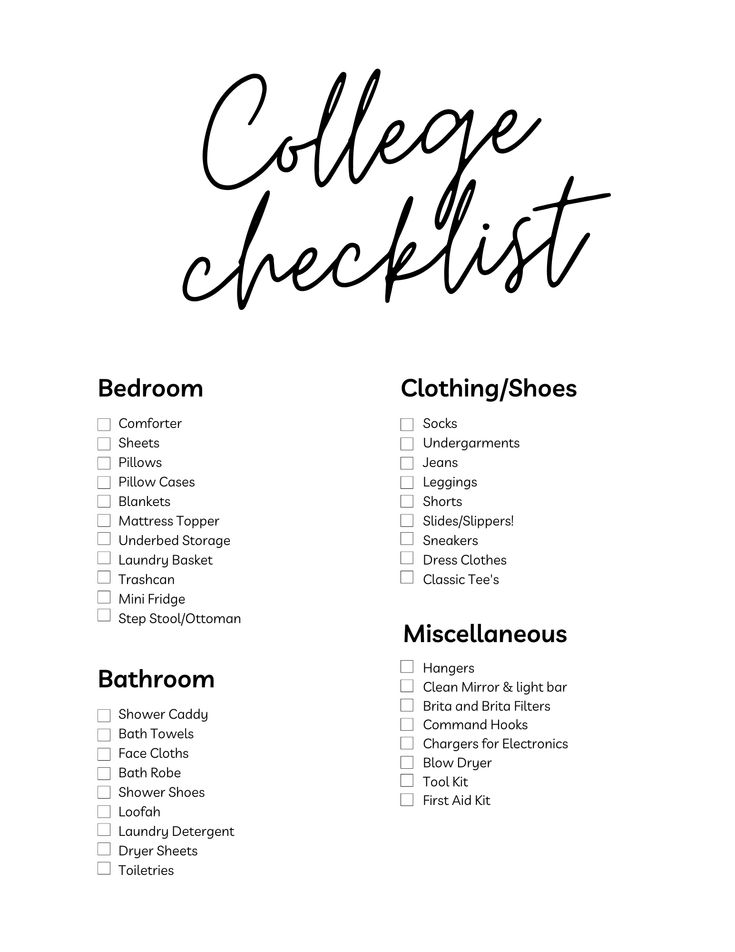 the college checklist is shown in black and white with text that reads college checklist