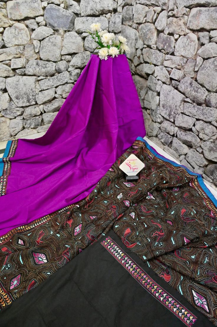 Take your draping style to the next level with our pure Bangalore silk saree collection in purple and black color on the black color part there is multicolored Kantha stitch embroidery work making this silk saree a must-buy. The patti on the border in another contrasting color adds more edge. Color: A shade of purple and black color Technique: Amazing work of Kantha stitch work all over the saree Fabric: Bangalore Silk Quality: Indyvogue's Assurance of Pure Silk Mark Certified Saree Kantha Stitch Embroidery, How To Wash Silk, Embroidery Online, Kantha Embroidery, Blouse Measurement, Stitch Work, Embroidery Saree, Kantha Stitch, Saree Fabric