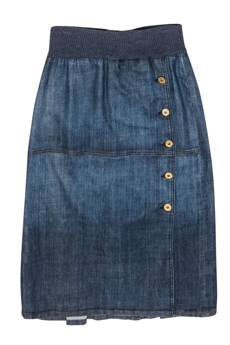 Current Boutique-St. John Sport - Denim Knit Waist Midi Skirt Sz 4 Classic Medium Wash Denim Skirt, Buttoned Medium Wash Denim Skirt For Fall, Fitted Medium Wash Denim Skirt With Snap Buttons, Classic High Waist Denim Skirt In Blue, Classic Medium Wash Denim Skirt For Work, Classic Denim Blue Denim Skirt, Casual Dark Wash Denim Skirt With Snap Buttons, Classic Dark Wash Denim Skirt For Spring, Spring Dark Wash Skirt With Snap Buttons