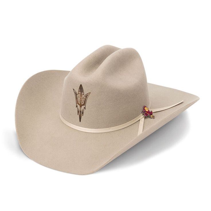 Howdy, Arizona State Sun Devils fans! Spruce up your wardrobe with a little country flair courtesy of this Authentic Felt Cowboy Hat. Exquisite details from USCAPE x Seager adorn the debut design, including a 4 1/2" cattleman crown, 4" brim with Western Flange and two-cord ribbon hat-band with a custom Arizona State Sun Devils pin. A brown leather sweatband with gold foil and a sleek black silk liner ensures deluxe comfort for the wearer. It is one mighty fine piece of headwear for the modern Arizona State Sun Devils supporter. Country Style Hat With Flat Brim For Ranch, Country Style Flat Brim Hat For Ranch, Country Style Curved Brim Hat For Ranch, Country Style Flat Bill Hats For Ranch, Country Style Flat Bill Hats For Rodeo, Fitted Country Hats For Outdoor, Southern Style Flat Brim Hat For Rodeo, Country Style Flat Bill Hat For Country Events, Southern Style Short Brim Hat For Country Events