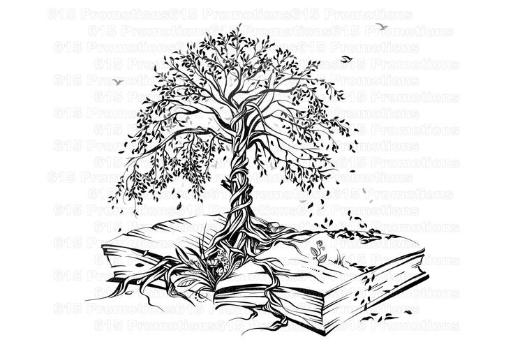 an open book with a tree growing out of it and birds flying around the pages