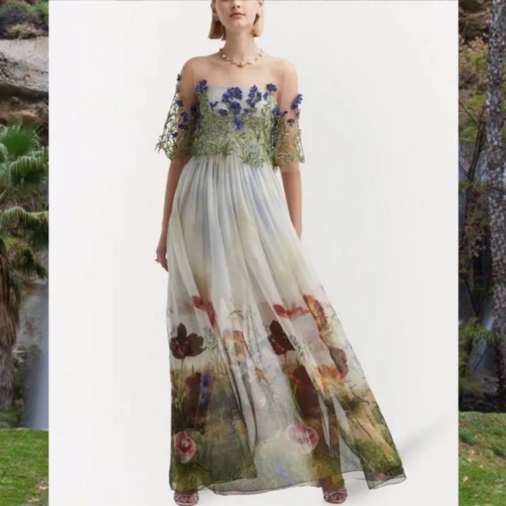 $5,990 New 2022 Oscar De La Renta Silk Chiffon Blue Floral Landscape Gown Us 6 M Beautiful!! New With Price Tag $5,990.00 Plus Tax Oscar De La Renta Resort 2022 Sold Out In Retail Stores Oscar De La Renta Gorgeous Sky Blue Floral Landscape Strapless Silk Gown. Beautiful Piece Of Art. Fine Craftsmanship When You Just Want The Best. Can Be Styled In Many Different Ways With Bead Bolero, Big Bow Belts Or Back Train. Or Just As It Is - A Beautiful Juvel In It Self. Condition - New With Price Tag $5, Painted Silk Dress, Summer A-line Organza Evening Dress, Spring Silk A-line Gown, Spring Banquet A-line Gown, Blue Summer Evening Dress For Banquet, Spring Banquet Floral Print Gown, Summer Silk Chiffon Flowy Dresses, Summer Flowy Silk Chiffon Dress, Silk Chiffon Evening Dress For Summer