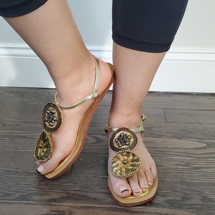 Vince Camuto Sandals Color Gold/ Brown Thong Style Cushioned Insole Adjustable Buckle Detail Smoke Free Pet Entertainment Tie Up Flats, Pink Espadrilles, Block Sandals, Ankle Sandals, Caged Sandals, Rhinestone Sandals, Bootie Sandals, Black Stilettos, Embellished Sandals