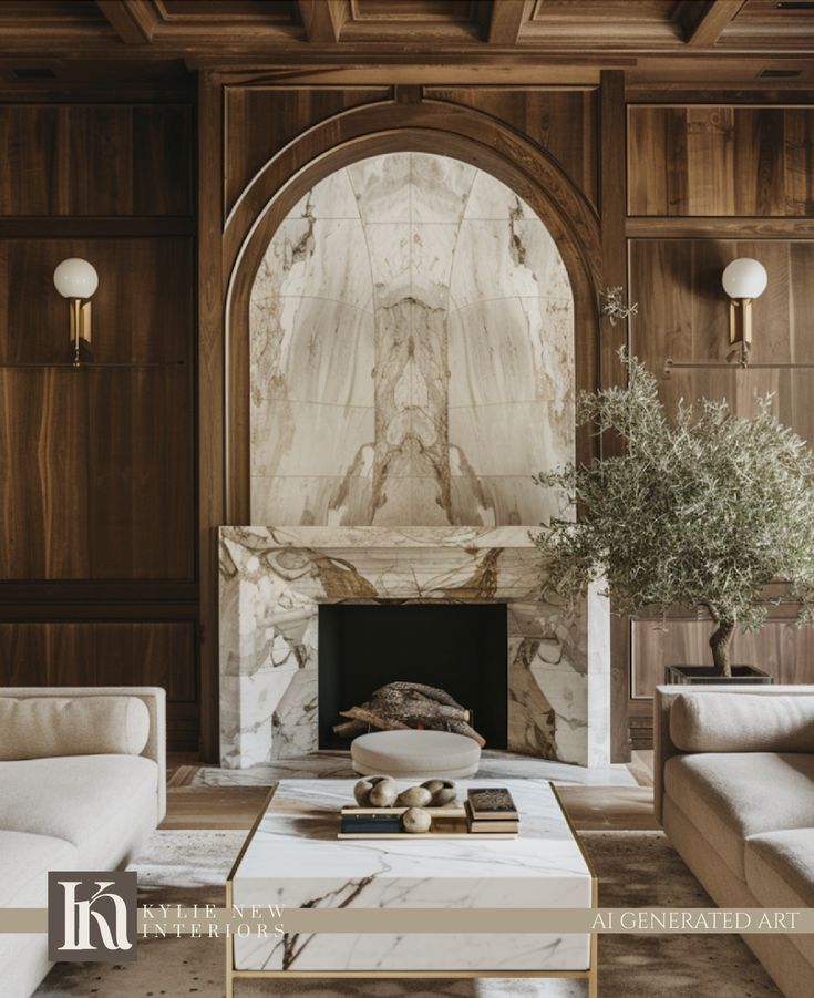 an elegant living room with marble fireplace and wood paneling