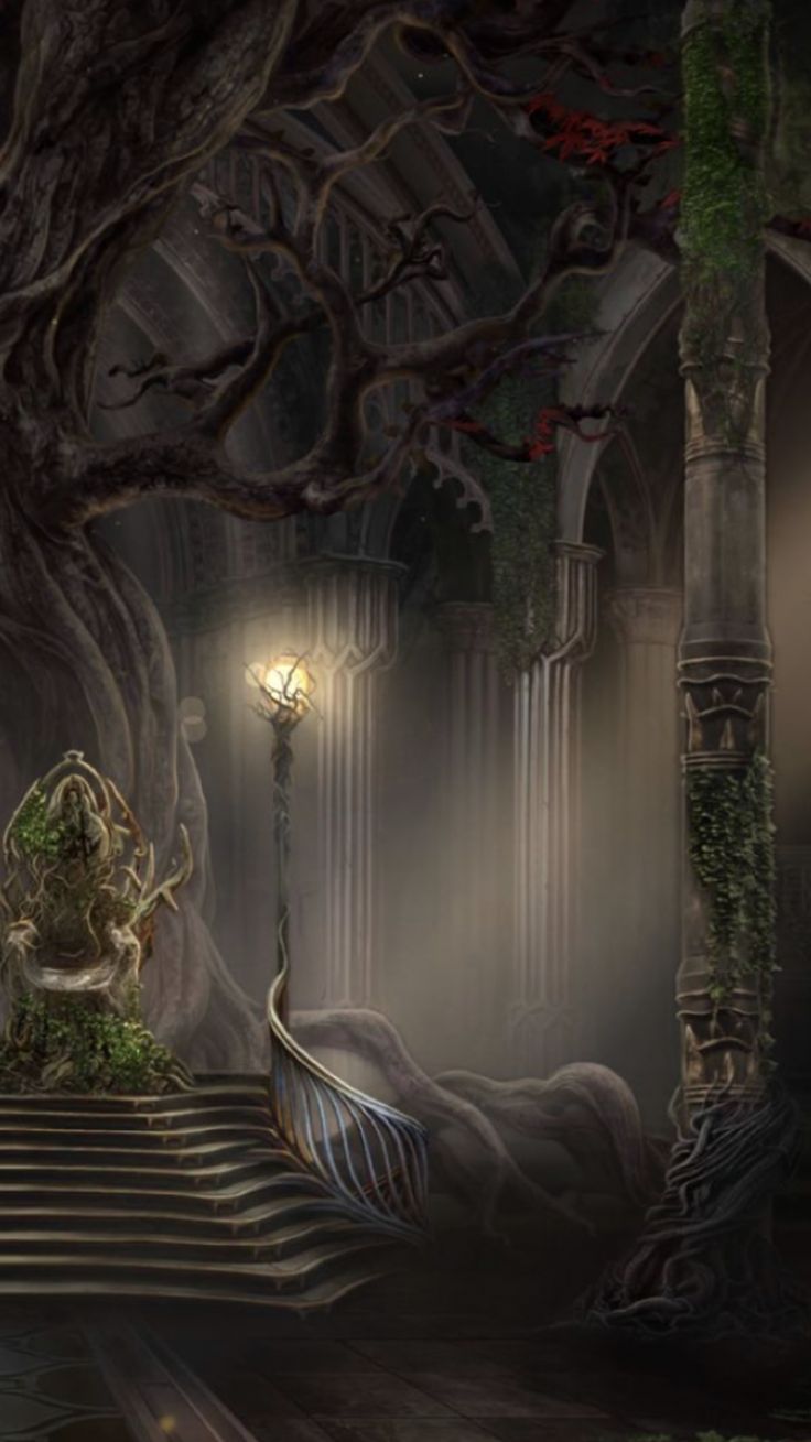 an image of a fantasy setting with stairs and trees