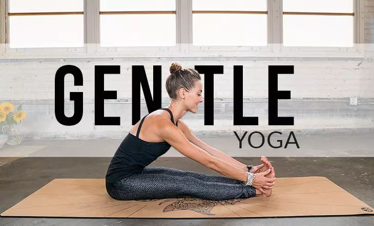 a woman is doing yoga on a mat with the words gentile in front of her