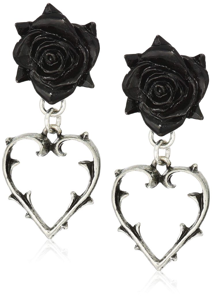 PRICES MAY VARY. Pair of heart frame suspended from black pewter rose earrings by Alchemy England Secured with surgical steel studs Dimensions (approx.) Height: 39mm (1.54") Width: 17mm (0.67") Depth: 8mm (0.31") Packaged in an Alchemy branded bag, including Alchemy Guarantee and care instructions A rose is for love, but black is the color of doom - a barbed and gaping hole is left, bleeding, where there was once a dark and mysterious romance. A pair of pewter earrings consisting of a fine, foli Black Rose Jewelry, Vampire Earrings, Pewter Earrings, Heart Piercing, Alchemy Gothic, Gothic Earrings, Fake Piercing, Heart Frame, Love Black