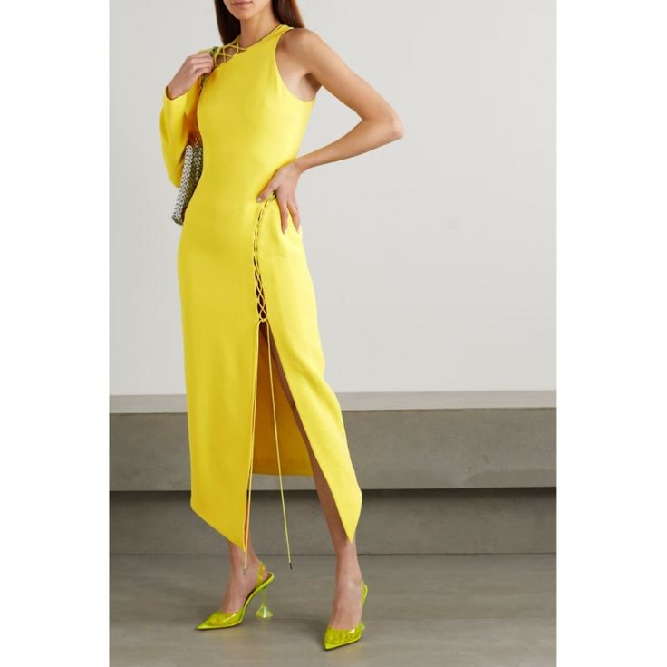 Tried On Only,Like New Condition. Size:Uk 8 /Us4-6 David Koma Womens Yellow Asymmetric Lace-Up Stretch-Crepe Midi-Dress Self: 52% Acetate, 45% Viscose, 3% Elastane Lining: 64% Viscose, 36% Polybutylene Terephthalate Elite Made In Uk Dry Clean Only Partially Lined Hidden Back Zip Closure One-Shoulder Styling Lace-Up Detail At Thigh And Neckline Cady Fabric Hot Pink Fashion, Eid Outfits, Short Bodycon Dress, Glam Outfit, Yellow Midi Dress, David Koma, Stylish Dress Designs, Abayas Fashion, Event Dresses