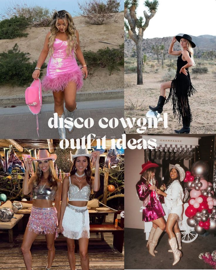 21 Disco Cowgirl Outfit Ideas - ljanestyle Cute Disco Cowgirl Outfits, Cowgirl Disco Outfit Ideas, Disco Cowgirl Party Outfit Ideas, Cowgirl Inspired Outfit Party, Cowgirl Party Dress, Disco Cowboy Wedding Guest, Disco Cowboy Bachelorette Outfit, Bachelorette Last Disco Outfits, Dolly Parton Bachelorette Party Outfit