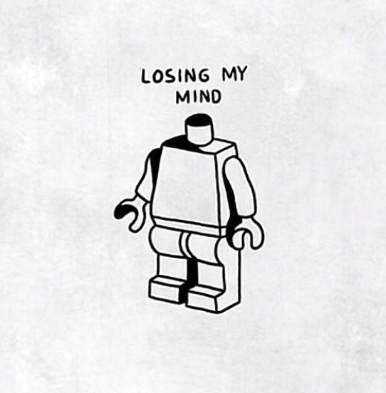 a black and white drawing of a lego figure with the words losing my mind on it