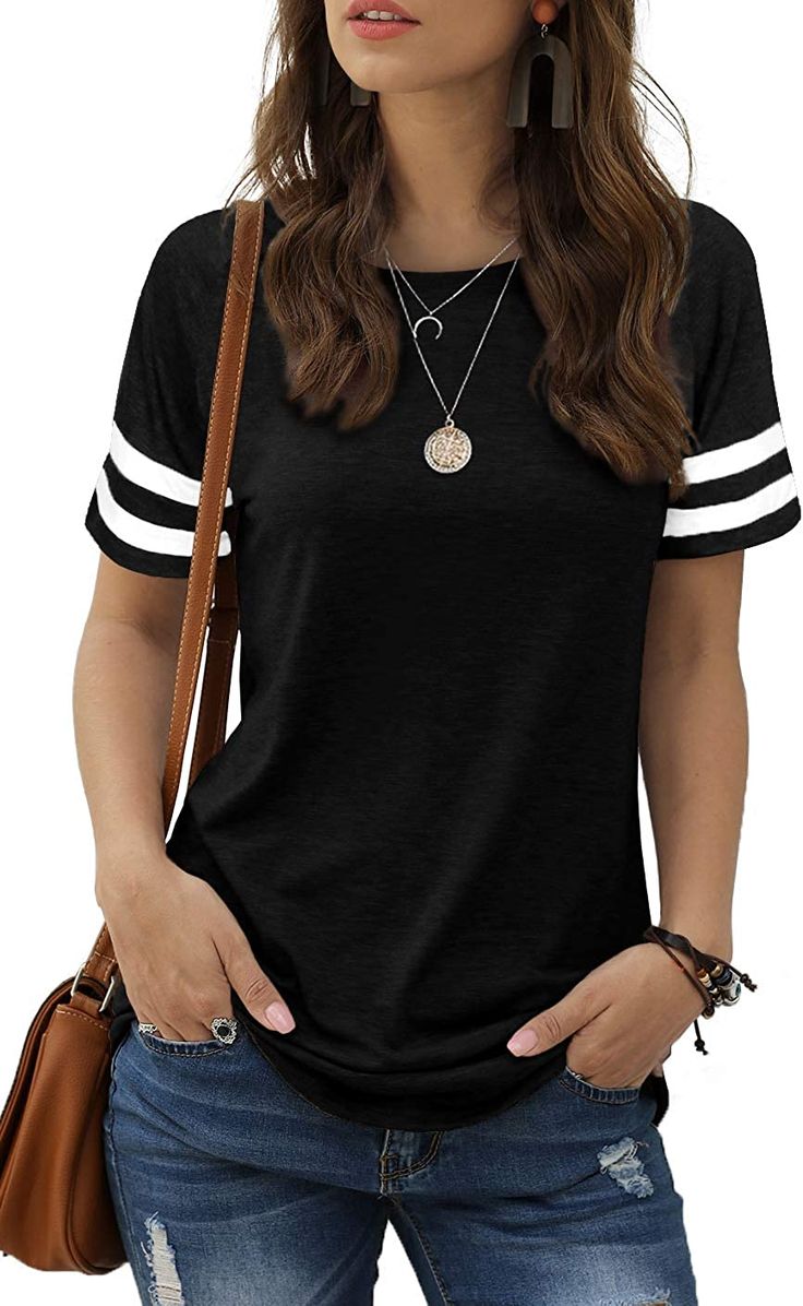 Haute Edition Women's Short Sleeve Varsity Stripe Casual Summer Top Daily Haute Casual Summer Tops, Crewneck Dress, Round Neck Tops, Tees For Women, Basic Tops, Fashion Tees, Shirts & Tops, Casual T Shirts, Simple Style