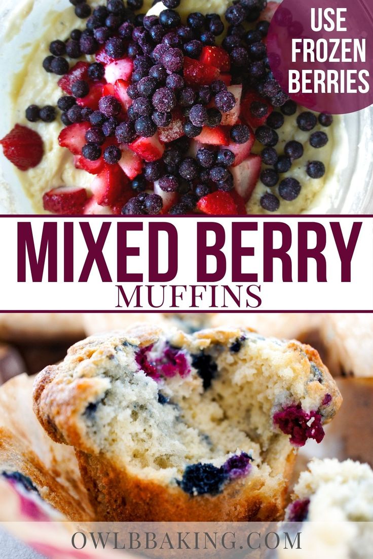 mixed berry muffins with blueberries and strawberries on top