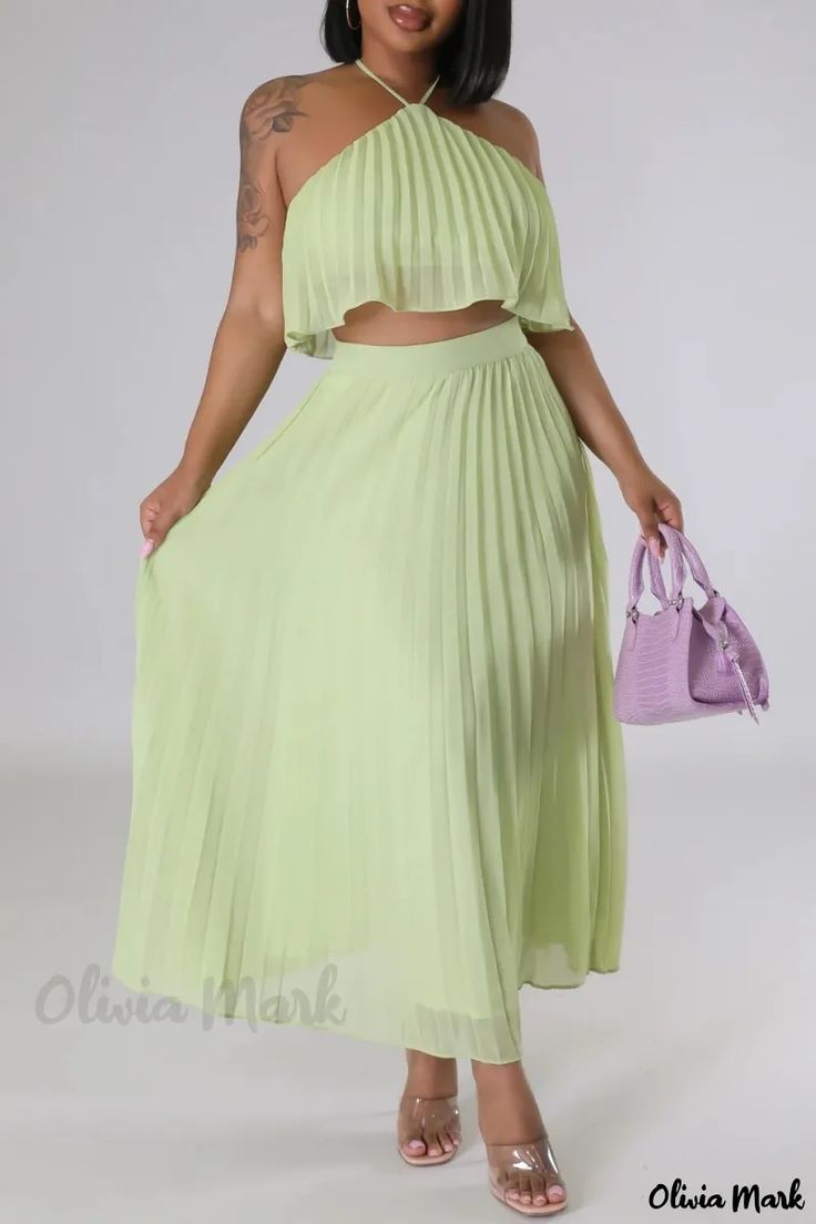 Olivia Mark - Yellow Casual Solid Halter Sleeveless Two-Piece Set with Bandage Detailing and Backless Design Green Summer Party Tank Top, Chic Green Sleeveless Tank Top, Green Halter Neck Tank Top For Spring, Green Halter Neck Tank Top For Vacation, Yellow Two Piece, Pleated Collar, Green Two Piece, Pleated Long Skirt, Skirt Suit Set