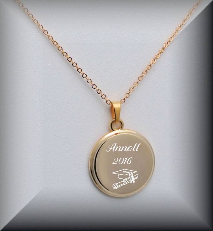 "This engraved gold circle disc necklace makes a great personalized gift. This engraved necklace can be personalized on both sides for that special someone. Add a custom engraving with a name, date, or initials. Dimensions: 0.875\" x 0.875\" Includes 20\" chain Material: Gold Plated How To Send Engraving Instructions: When you are ready to order click ADD TO CART. During checkout fill out the ADD A NOTE section with your engraving instructions. You can also send a message prior to purchase to di Personalized Gold Necklace For Graduation Gift, Round Stainless Steel Jewelry With Engraving Option, Gold Round Laser Engraved Charm Necklaces, Customized Gold Necklaces For Keepsake, Customizable Gold Round Disc Charm Necklaces, Customizable Gold Round Disc Charm Necklace, Personalized Gold Necklace With Engraving Option, Customized Gold Jewelry For Personal Use, Customizable Medallion Jewelry For Personalized Gifts