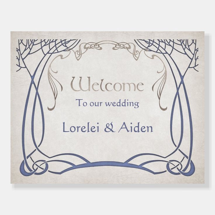 a wedding welcome card with an ornate frame