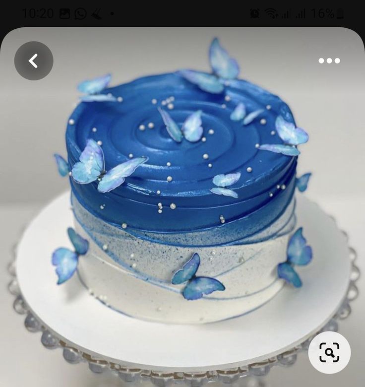 there is a blue and white cake with butterflies on the frosting, sitting on a plate