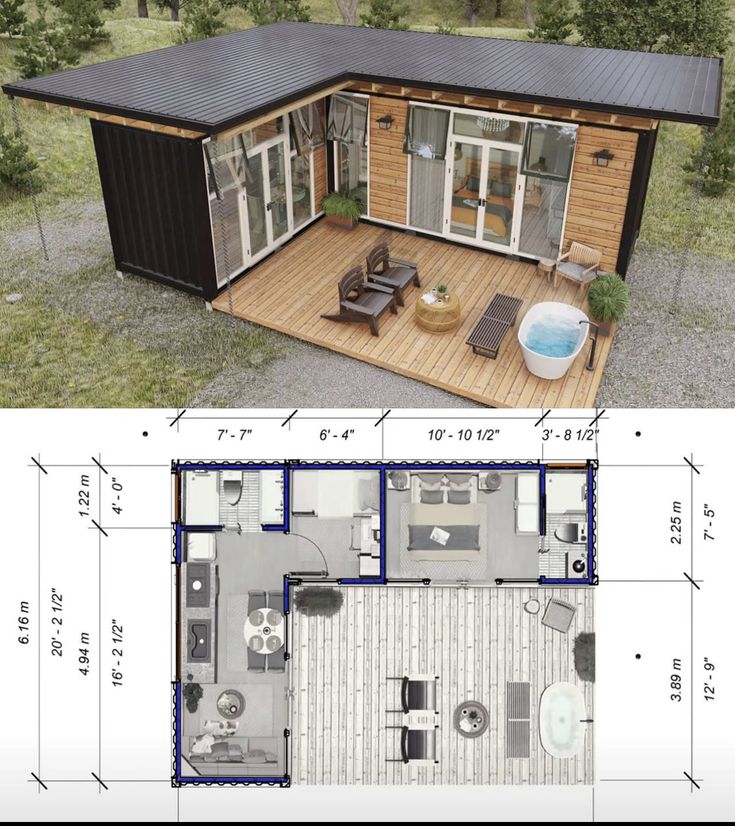 the floor plan for a small cabin with an open living area