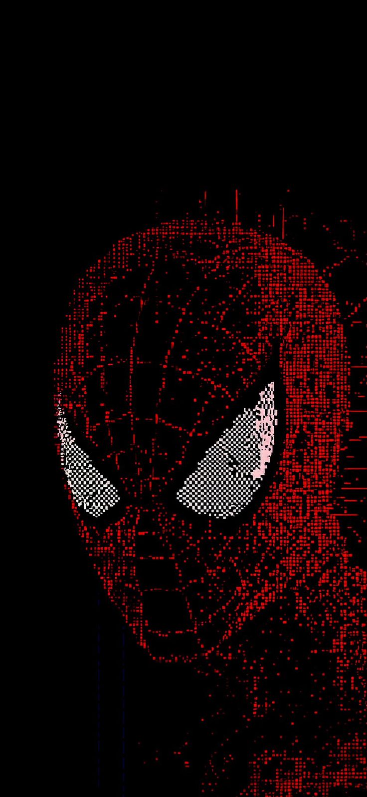 a spiderman face made out of red and black dots on a black background with the word