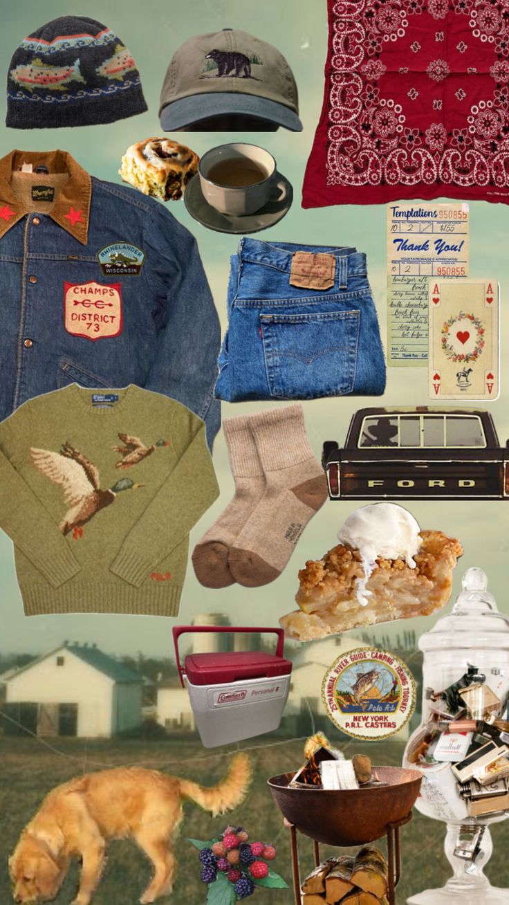 a collage of clothing, hats, and other items from an old time era