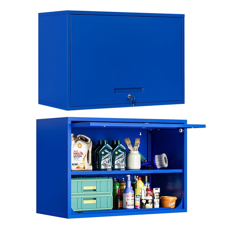 the blue cabinet is open and ready to be used