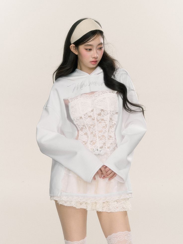 Hop into a world of cuteness with our adorable Bunny Ear Hoodie! This charming hoodie features delightful bunny ear decorations on the hood, adding a playful touch to your outfit. The hoodie is intricately stitched with delicate lace, creating a harmonious blend of comfort and elegance. Further enhancing its unique design, it includes fishbone structure decor that adds a whimsical twist. The hemline is adorned with beautiful lace trim, making this hoodie a perfect choice for those who love to mi Kawaii Hooded Top For Spring, Spring Harajuku Hooded Sweatshirt, White Kawaii Hoodie With Drawstring, Harajuku Hoodie With Drawstring Hood For Spring, Cute Hooded Hoodie For Loungewear, Spring Harajuku Hoodie With Drawstring Hood, Spring Cotton Kawaii Hoodie, Kawaii Hoodie For Spring Streetwear, Spring Cotton Hoodie With Detachable Hood