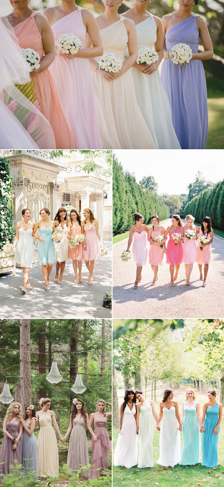 the bridesmaids are wearing different colored dresses