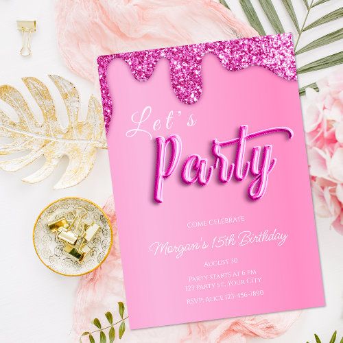 a pink party card with the words let's party on it